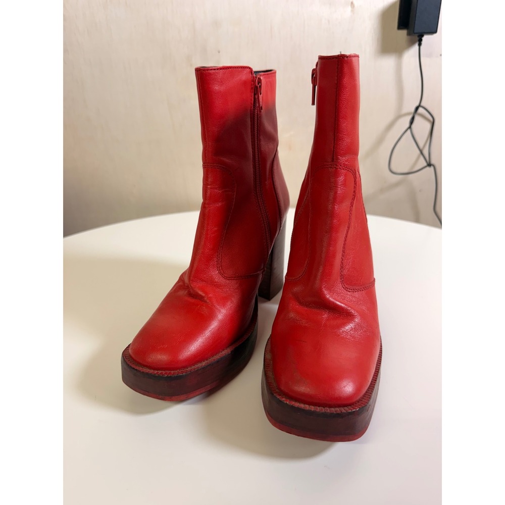 Nasty Gal Platform Ankle Boots Womens 5 Red Excellent Leather Square Toe‎ Block